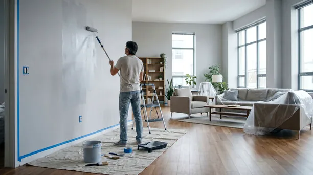 Painter repainting a bright coastal living room with furniture protected